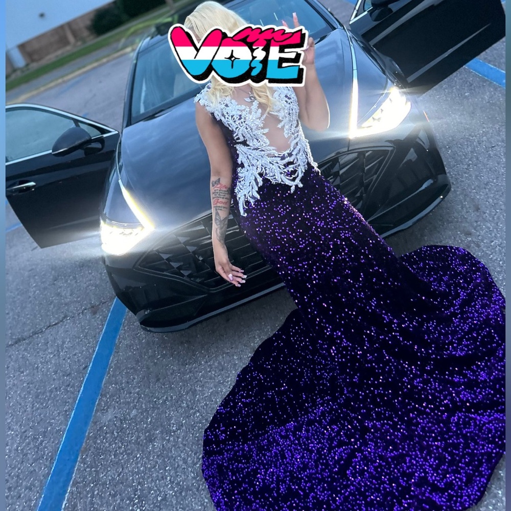 Purple Sequin Gown with White Lace Back